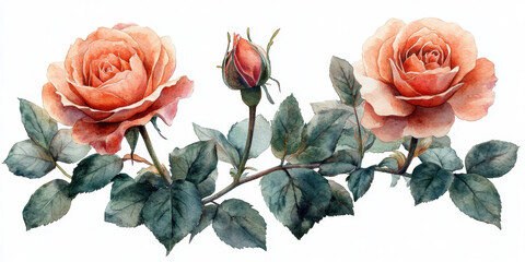 Two blooming orange roses with lush green leaves and rosebud in center create harmonious and elegant floral arrangement. watercolor style adds soft, artistic touch