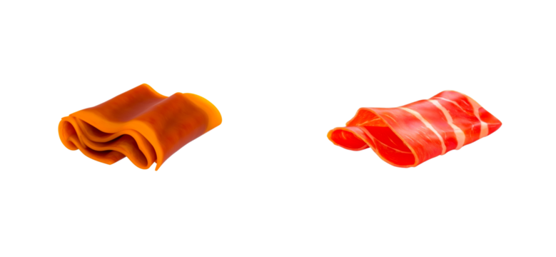 Curled slices of cured meat and orange textured fabric against black, cut out transparent