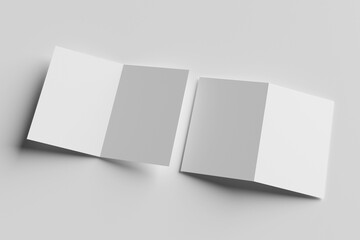 Bifold mockup. A pair of white bifold cards, one open and one closed, casting shadows isolated on a light grey background