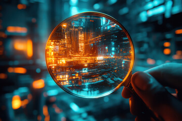 Hand holds magnifying glass, revealing futuristic cityscape with glowing orange and blue lights, symbolizing technology and innovation. scene conveys sense of exploration and discovery