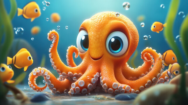 Cute cartoon octopus with big eyes is surrounded by small fish in vibrant underwater scene, creating joyful and playful atmosphere