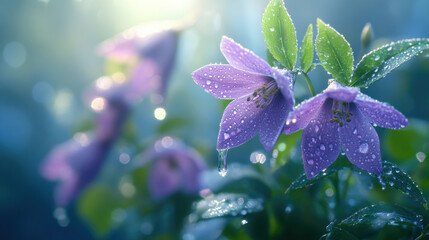 Purple flowers with dew drops glisten in soft morning light, creating serene and fresh atmosphere. delicate petals and vibrant green leaves are beautifully highlighted against blurred background