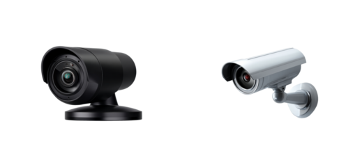 Two surveillance cameras, one black and one white, isolated on a black background, cut out transparent