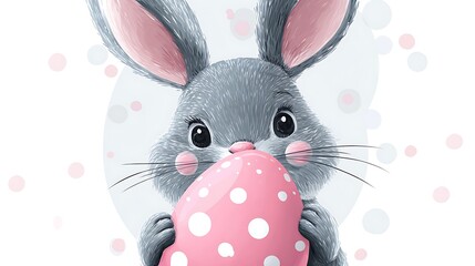 Adorable fluffy gray bunny holding a pink polka dot easter egg in a snowy scene