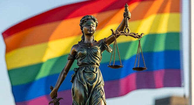 Statue of lady justice in front of a vibrant rainbow flag, symbolizing the fight for lgbtq rights and equality under law
