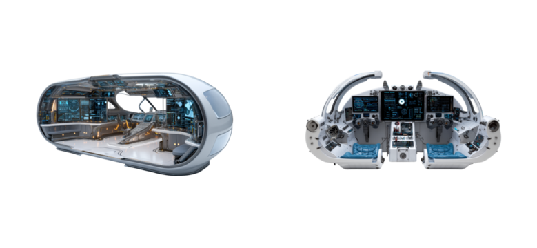 Futuristic Spacecraft Cockpit Interior with Advanced Digital Displays, cut out transparent