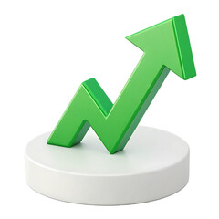 Green arrow trending upwards on a white pedestal symbolizing business growth and market success with positive financial outlook