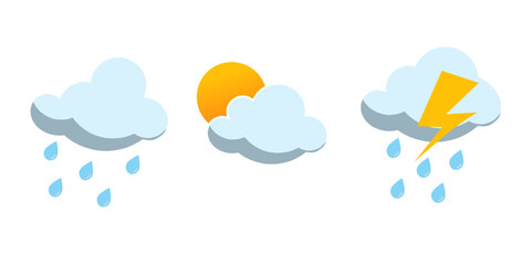 weather forecast icons. weather symbols. sunny, rainy, and heavy rain