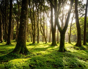 Obraz premium Sunlight streams through a lush forest (3)