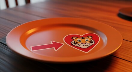 Close-up of an orange plate with a tiger heart and arrow design on a wooden table.