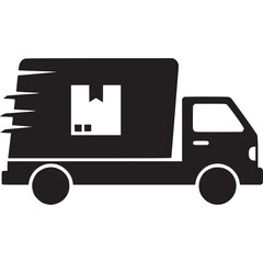 Delivery truck icon with package box isolated on white background, representing fast shipping, express service, and logistics for commercial transport and online store