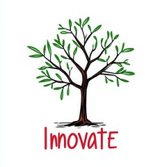 Fototapeta premium Green tree illustration with Innovate text Simple design on white background