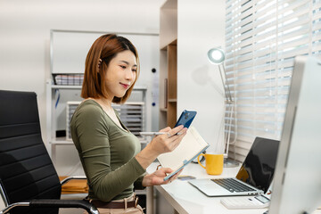 Woman recording phone inquiry with checkboxes, smiling face rating excellent for satisfaction...