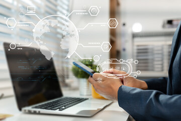 Learning online working concept. Businessman working on tablet and laptop computer, searching working in office.