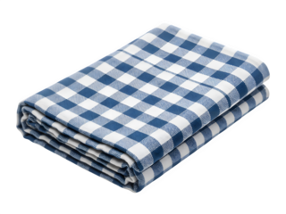 Folded blue and white gingham checkered fabric isolated on transparent background