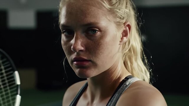 Blonde Haired Woman with Tennis Racket Focuses with Sweaty Face in Indoor Court with Dark Background and Determined