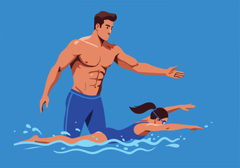 Athlete swims while instructor gives advice, in water. Use swim lesson ad