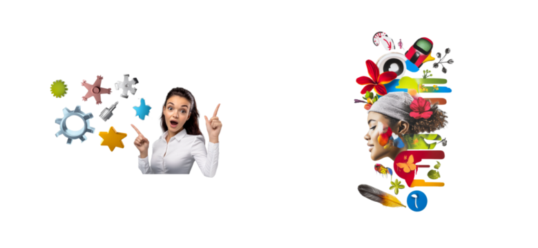 Surprised woman points at gears and stars while abstract colorful shapes adorn another person's profile, cut out transparent - Powered by Adobe