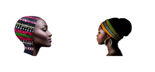 Two women in profile wearing head wraps with vibrant patterns, against a dark background, cut out transparent