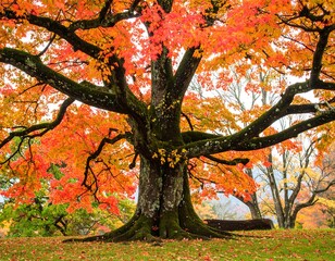 Majestic Maple Tree in Vibrant Autumn Colors with Fiery Orange and Red Foliage.