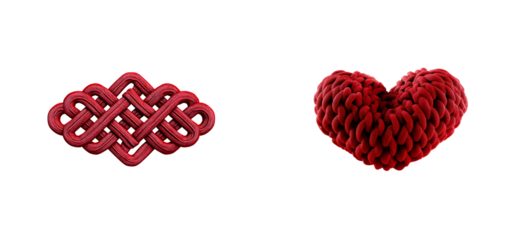 Intricate red interwoven knot and textured heart shape on black background, cut out transparent