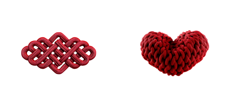 Intricate red interwoven knot and textured heart shape on black background, cut out transparent