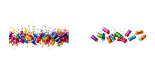 Exploding Party Poppers Showering Confetti Against Black Background, cut out transparent