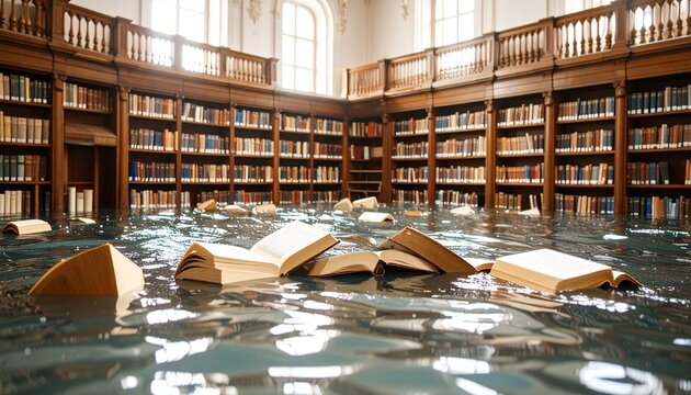 Flooded library—books adrift in water; a haunting collision of knowledge and decay, where memory dissolves into silence.