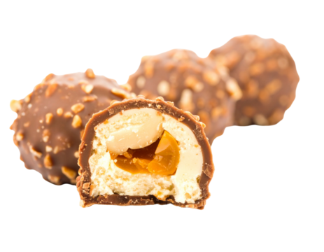 Cutaway View of Dubai Chocolate Candies with Rich Filling, Diagonal Scatter Layout, isolated