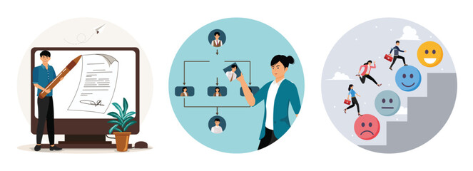 Digital signature or electronic agreement contact. Recruitment Process. Joyful work or optimistic.