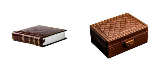 Elegant Leather Bound Journal and Quilted Storage Box on Black, cut out transparent