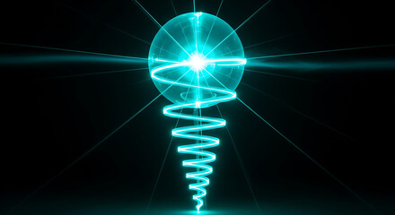 Abstract glowing sphere with spiral light trail on a black background creates a futuristic and dynamic visual