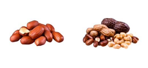 Assortment of Shelled and In-Shell Peanuts and Chocolate Bar Isolated, cut out transparent