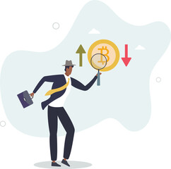 An investor with a magnifying glass studies the price behavior of Bitcoin.
