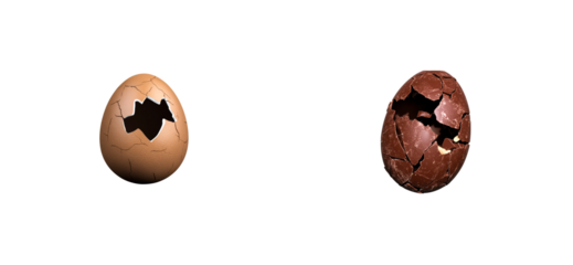 Two cracked Easter eggs one natural and one chocolate against black background, cut out transparent