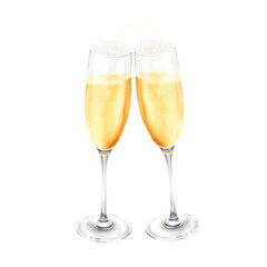 Two elegant champagne glasses filled with bubbly liquid are isolated against a white background, perfect for celebrating any anniversary or holiday