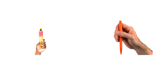 Hand holding lit yellow candle with dripping wax alongside hand holding orange writing utensil, cut out transparent