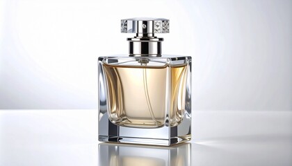 Clear glass perfume bottle with silver cap&mdash;elegant, geometric, and luminous; a vessel of allure, memory, and the invisible architecture of scent.