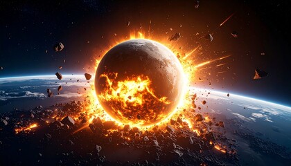 Fototapeta premium Exploding planet in space—fiery rupture, cosmic debris, and apocalyptic grandeur; a visual of destruction, awe, and the fragile drama of celestial existence.