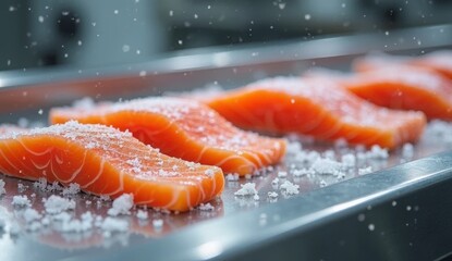 Fresh salmon fillets on moving conveyor, covered with crushed ice to preserve freshness. Vivid orange-pink fish contrasts with white ice, highlighting seafood quality