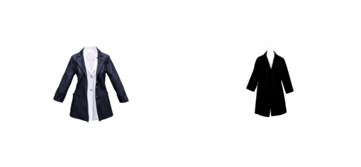 Two jackets displayed against a black background, one navy and white, one black, cut out transparent