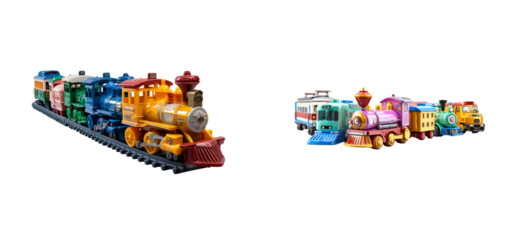 Colorful toy train collection on tracks against a dark background, cut out transparent