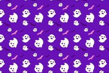 Obraz premium A playful Halloween seamless pattern featuring white ghosts and bats on a purple background.