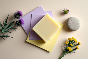 A pale yellow rectangular soap bar placed on two overlapping pastel color cards, accompanied by a bunch of purple thistle flowers