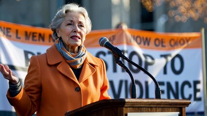 Elderly woman in orange coat delivering speech at public rally with microphone and banner promoting anti-violence
