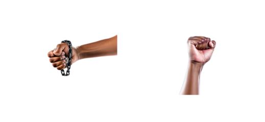 Black Person Clenches Fist Breaking Free from Metal Chain, cut out transparent