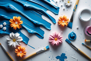 3D sugar flowers in orange, pink, and white, surrounded by scattered paint splatters and artistic tools such as paintbrushes and open paint jars