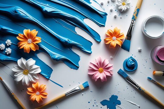 3D sugar flowers in orange, pink, and white, surrounded by scattered paint splatters and artistic tools such as paintbrushes and open paint jars