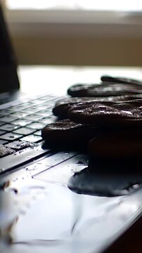 Close-up of a laptop keyboard with several melted snowflakes resting beside a pair of discarded, damp winter gloves, evoking a cold, abandoned scene.