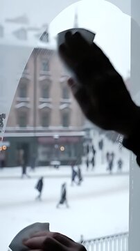 Hand gently wipes condensation from a window pane, revealing a clear view of the frosty winter street outside.